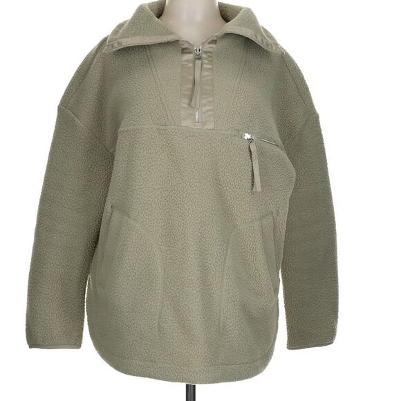 Varley Daniel Fleece Tan Sage Green 100% Recycled Polyester Teddy Pull Over - Picture 4 of 9